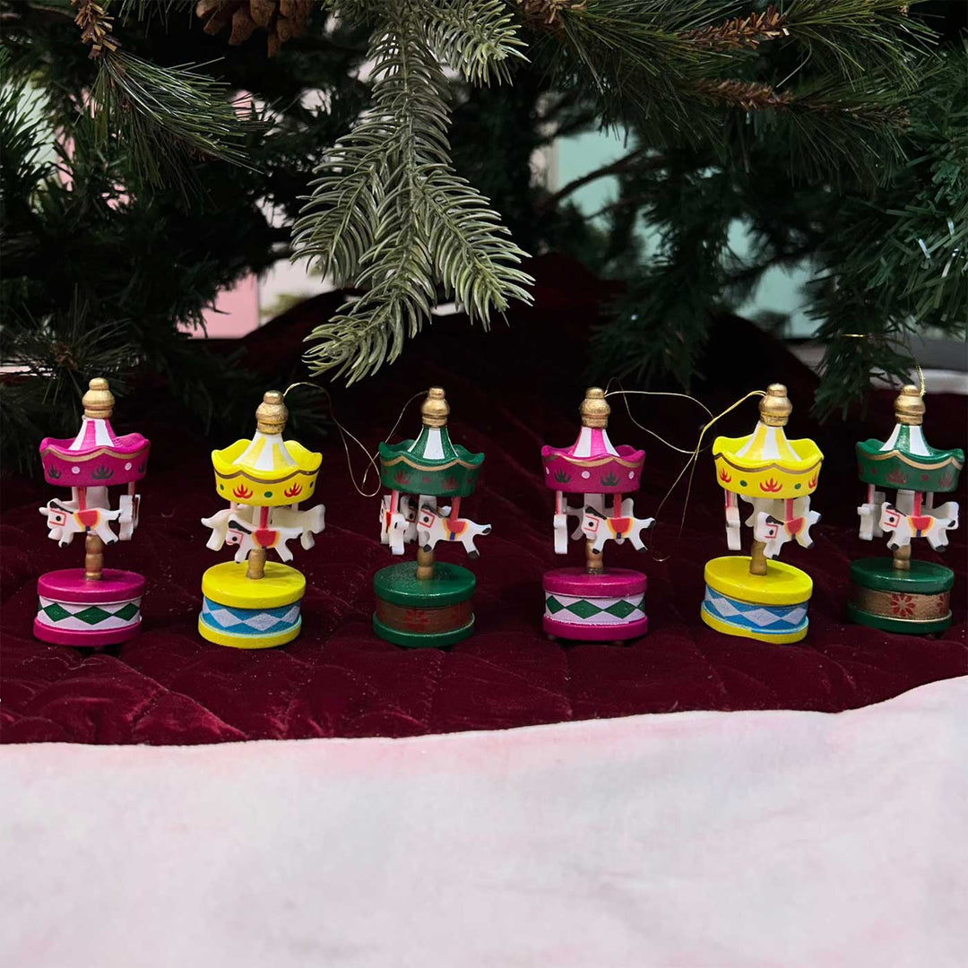 Handmade Whirlwind Wonder Carousel Wooden Ornaments For Christmas Tree Decoration | Set Of 6