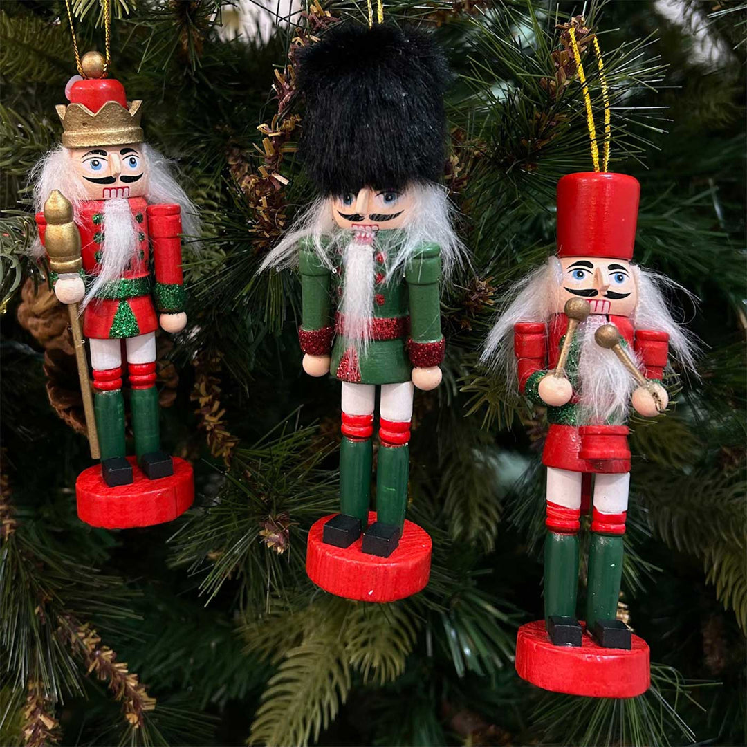 Handmade Glitter Nutcracker Wooden Ornaments For Christmas Tree Decoration | Set Of 3