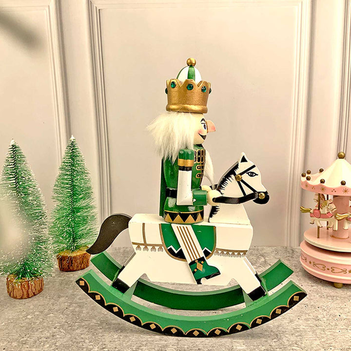 Green Rocking Horse King Nutcracker Self-Standing Wooden Decor For Christmas Table Decoration