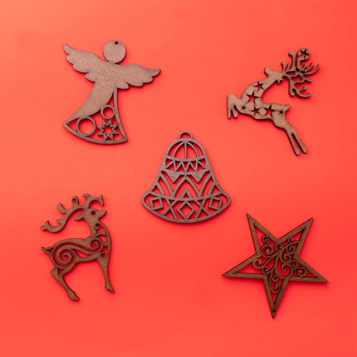 Handmade 3D Laser Cut Wooden Ornaments For Christmas Tree Decoration | Set Of 5