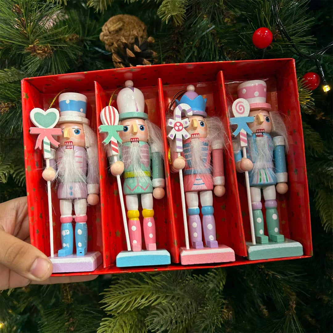 Handmade Blushy Nutcracker Wooden Ornaments For Christmas Tree Decoration | Set Of 4