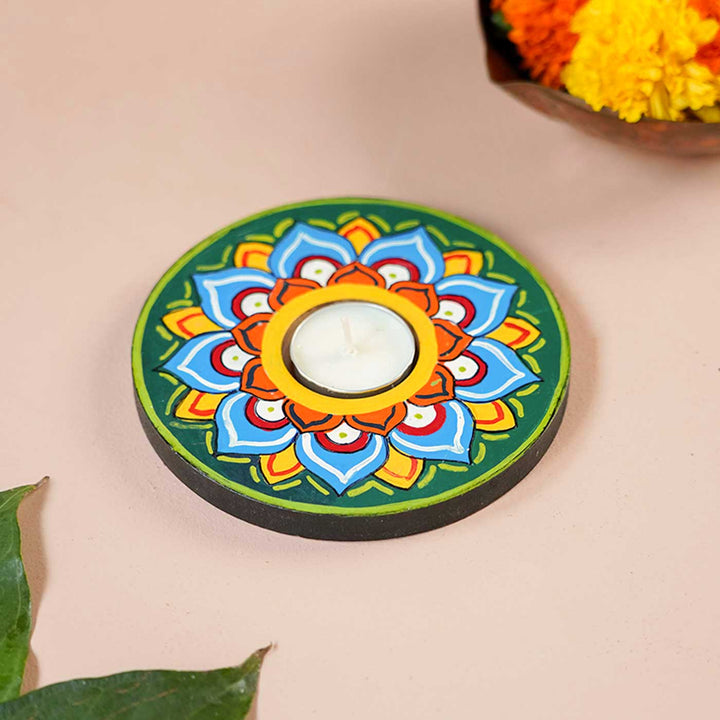 Handmade Multicolour Lotus Wooden Tealight Holder