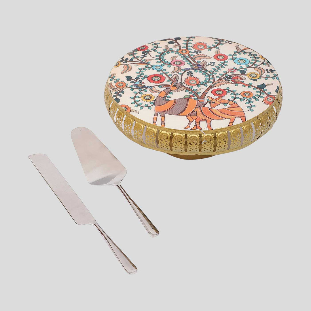 Handmade Multicolor Metal Cake Platter With Knife & Server