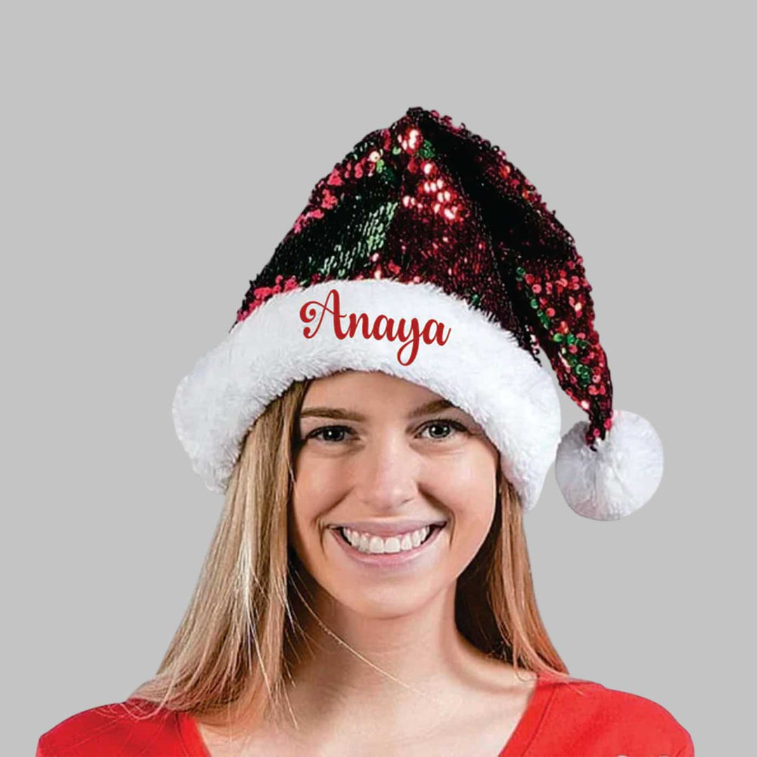 Personalized Sequined Red & Green Christmas Santa Hat | Xmas Gifting Ideas