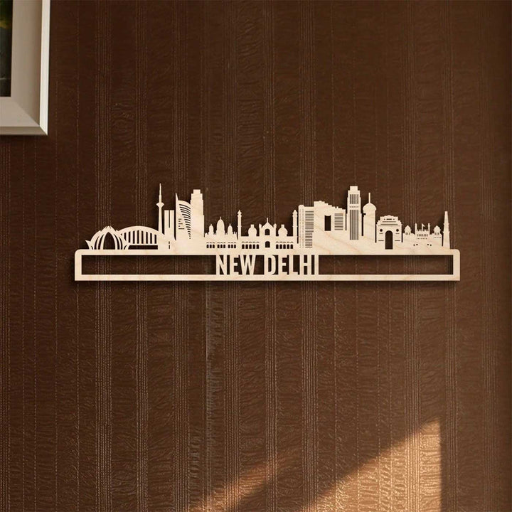 Printed Black Wooden New Delhi City Skyline Wall Decor