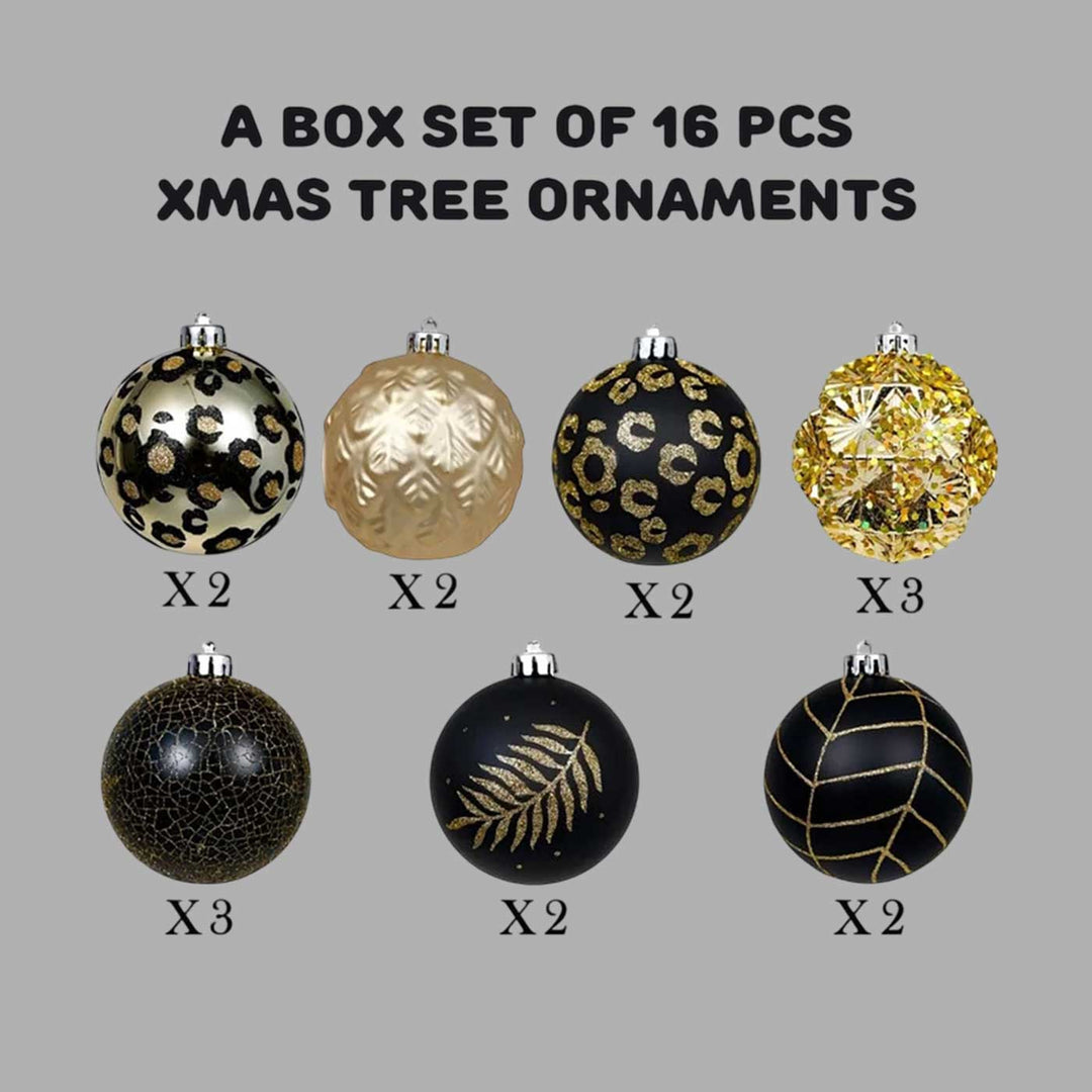 Black & Gold theme Shimmer Christmas Ball Ornaments For Decoration | Set of 16