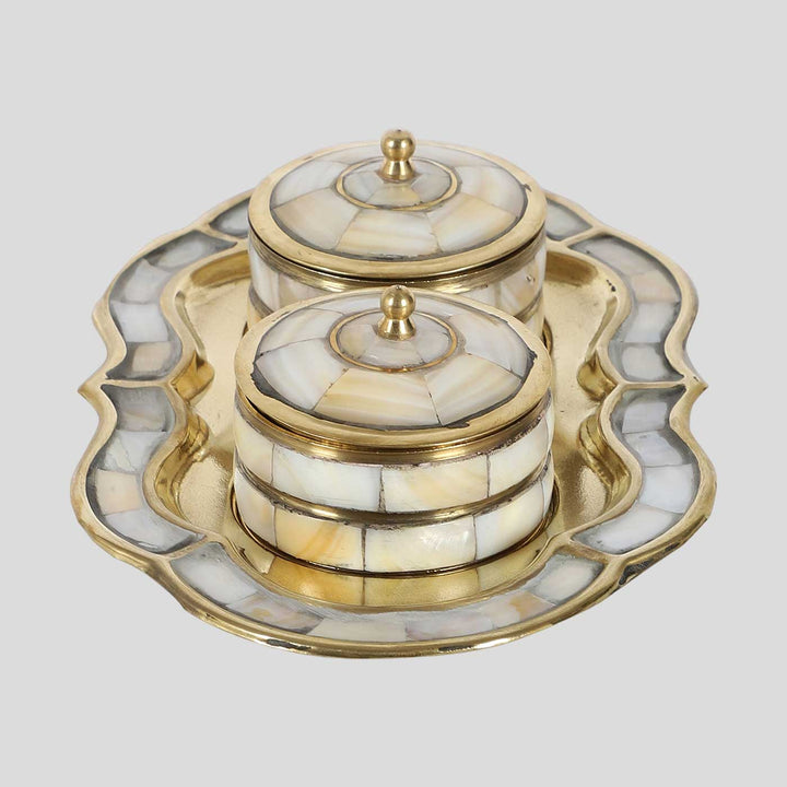 Handmade Brass & Mop Platter With  Supari Boxes | Set Of 3