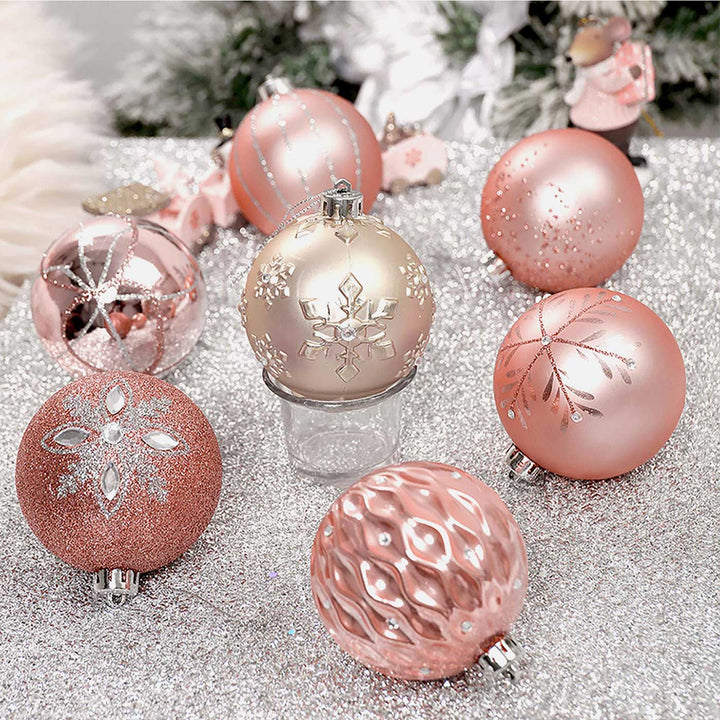 Rose Gold Snowflake Shimmer Christmas Ball Ornaments For Decoration | Set of 16