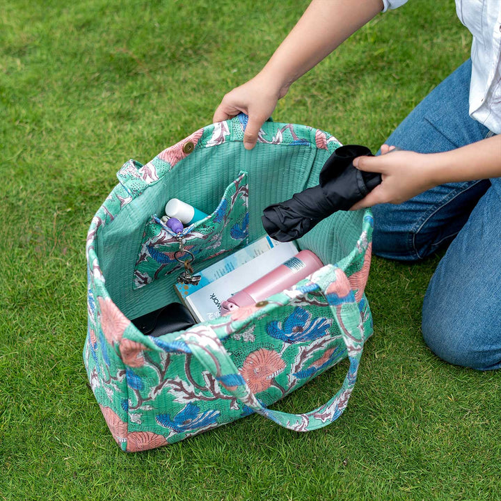 Block Printed Wildflower Convertible Quilted Cotton Tote Bag