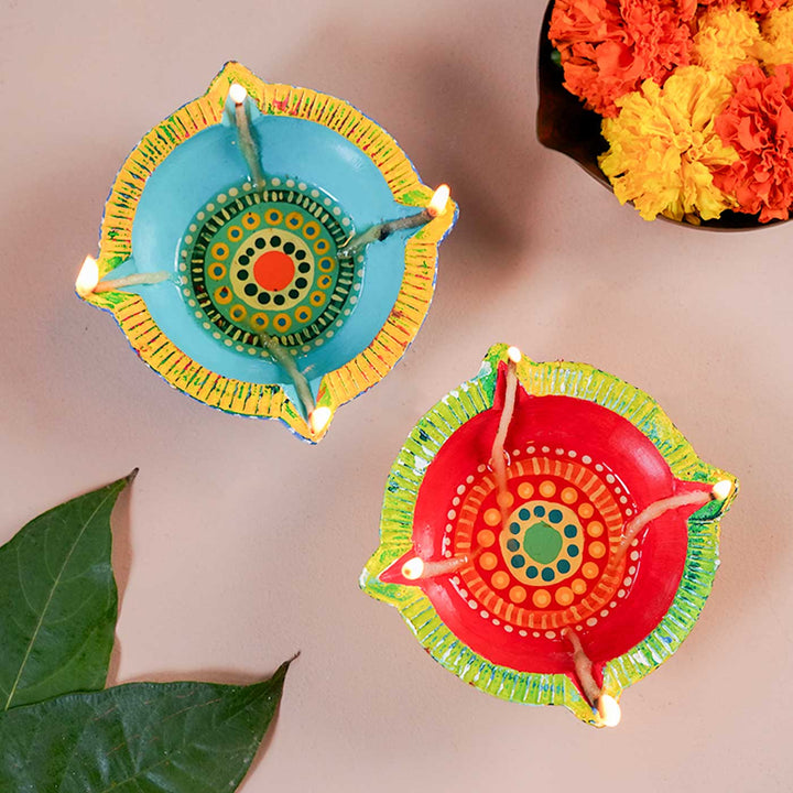 Handmade Big Star Clay Oil Lamp / Diya | Set of 2