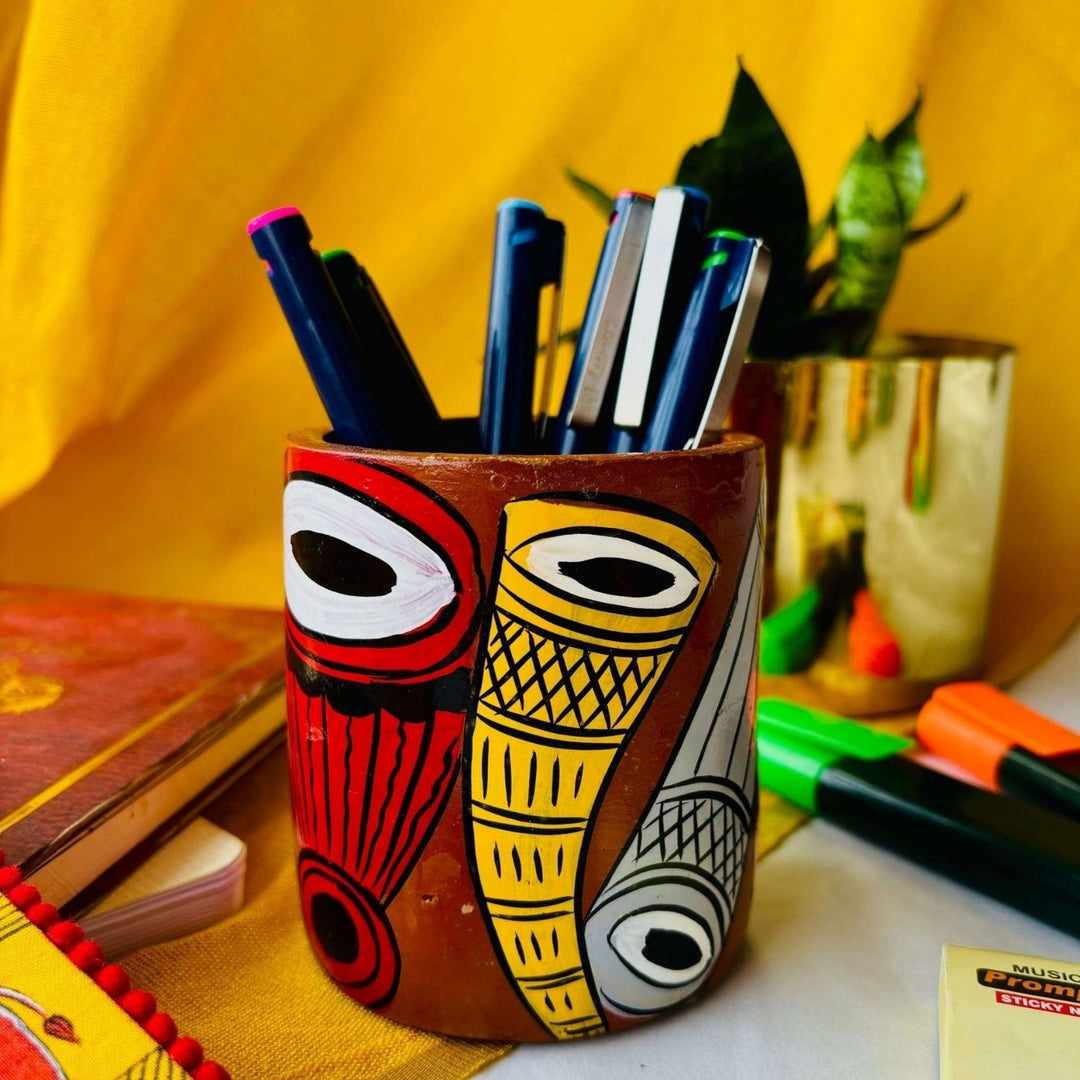 Eco-Friendly Hand-Painted Pattachitra Sargam Terracotta Pen Holder