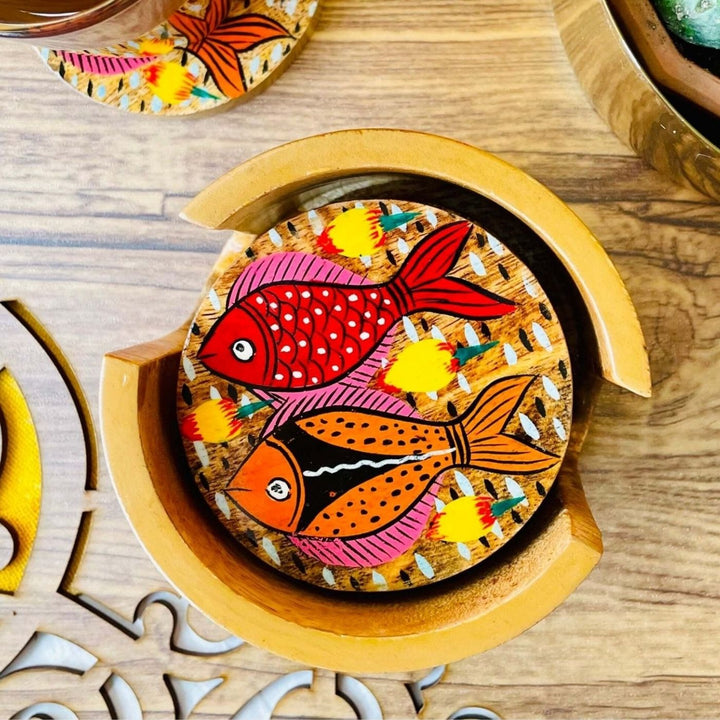 Hand-Painted Patachitra Tarang Wooden Coaster Set | Set Of 6