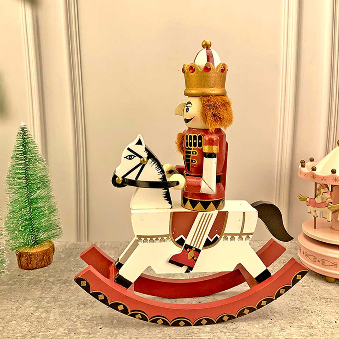 Maroon Rocking Horse Nutcracker Self-Standing Wooden Decor For Christmas Table Decoration