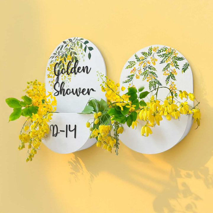 Personalized Handmade Golden Floral MDF Wood Planter Name Plate