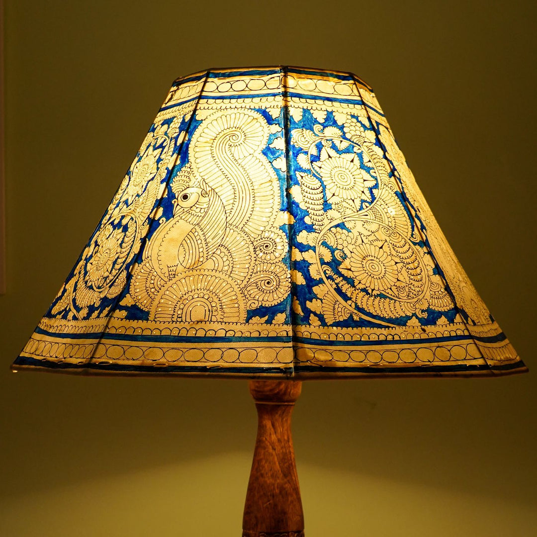 Blue Floral Peacock Hand Painted Tholu Bommalata Lamp Shade | 16 inches