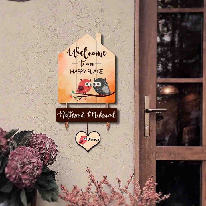 Printed Wooden House Shaped Owl Nameplate for Couples