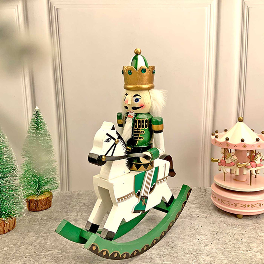 Green Rocking Horse King Nutcracker Self-Standing Wooden Decor For Christmas Table Decoration