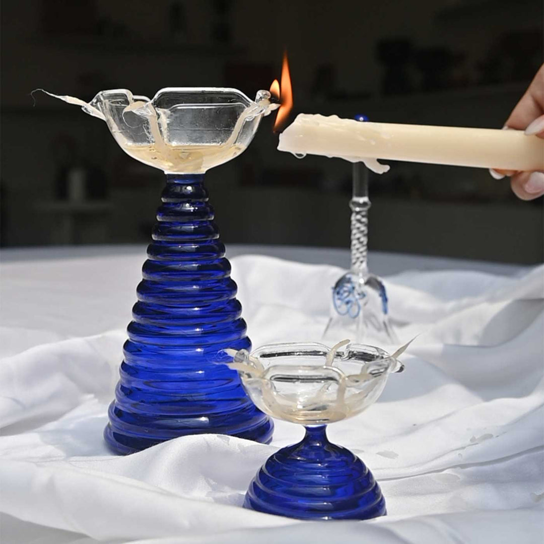 Handmade Blue Borosil Glass Oil Lamp / Diya | 5.9  inch