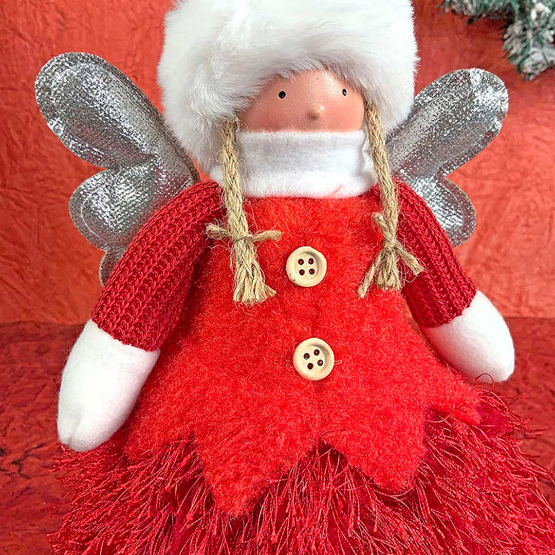 Angel With Glitter Silver Wings & Skirt Self-Standing Woolen Decor For Christmas Table Decoration