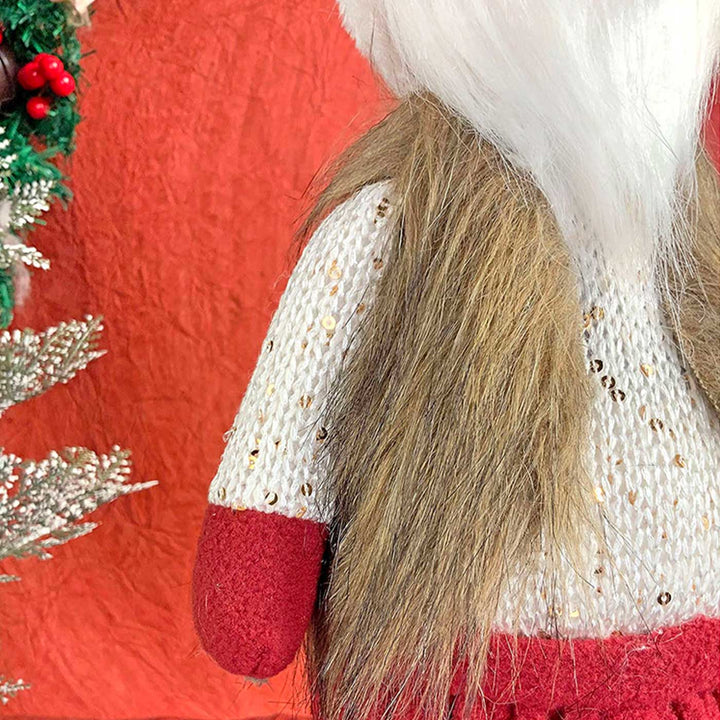 Cream Maroon Gold Self-Standing Santa Woolen Decor For Christmas Table Decoration