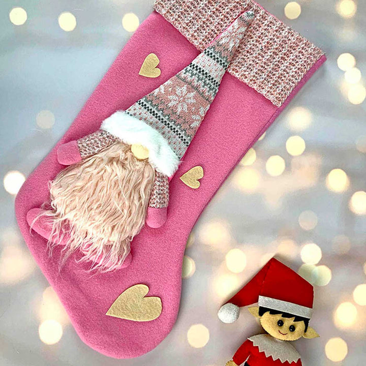 Handmade Pink Beard Gnome Woolen Stockings For Christmas Decoration