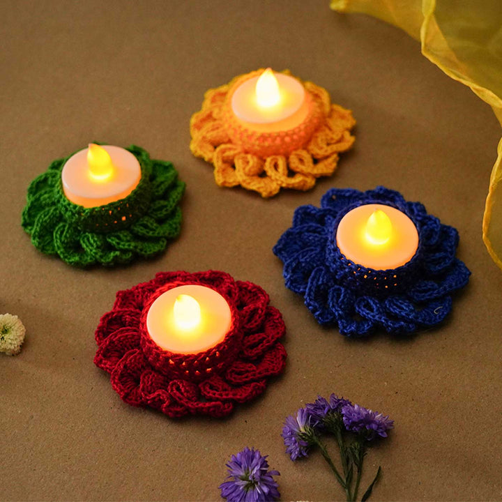 Handmade Floral Crochet Tealight Holder | Set Of 8