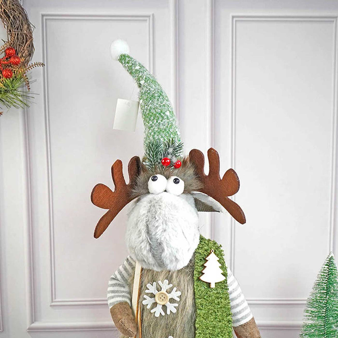 Grey Sitting Long Legs Reindeer With Ski Boards Wooden Decor For Christmas Table Decoration