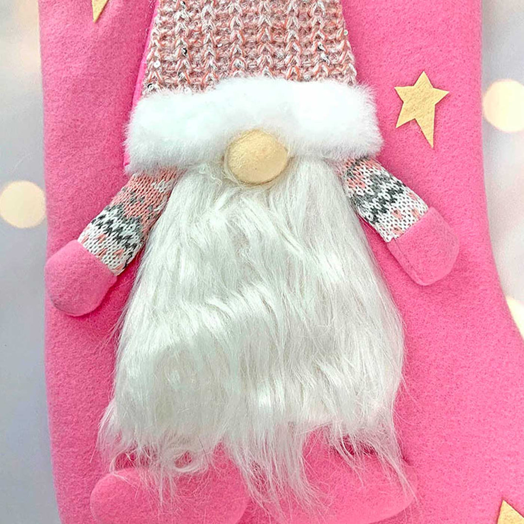 Handmade Pink Gnome Woolen Stockings For Christmas Decoration