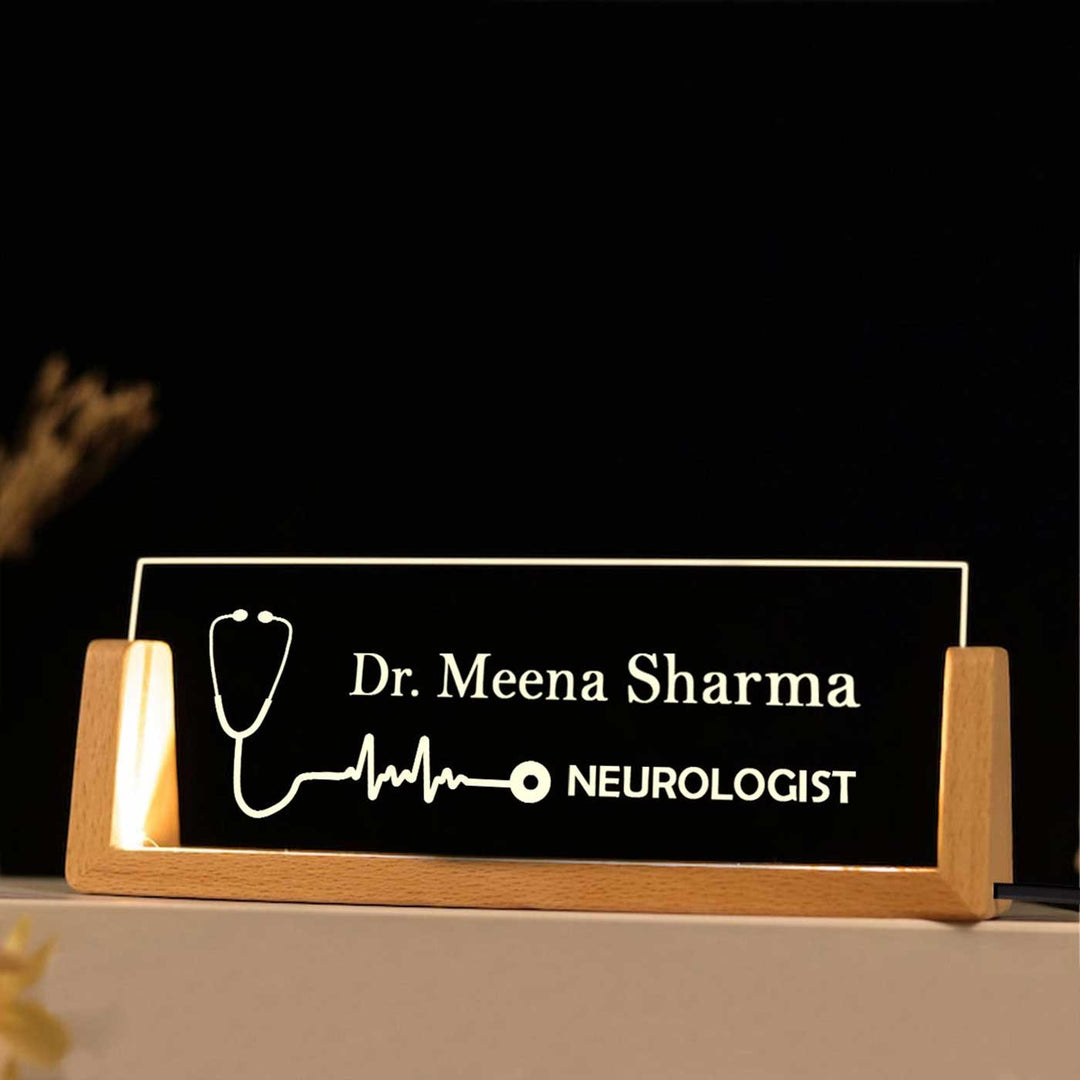 Personalized Doctor Sleek Glass Desk Nameplate With LED Light