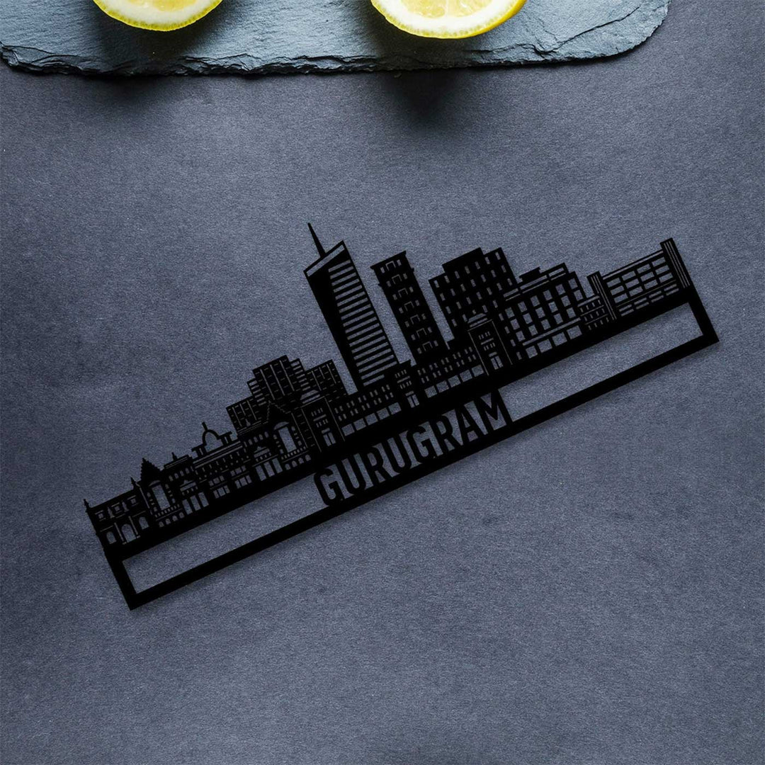 Printed Black Wooden Gurugram City Skyline Wall Decor