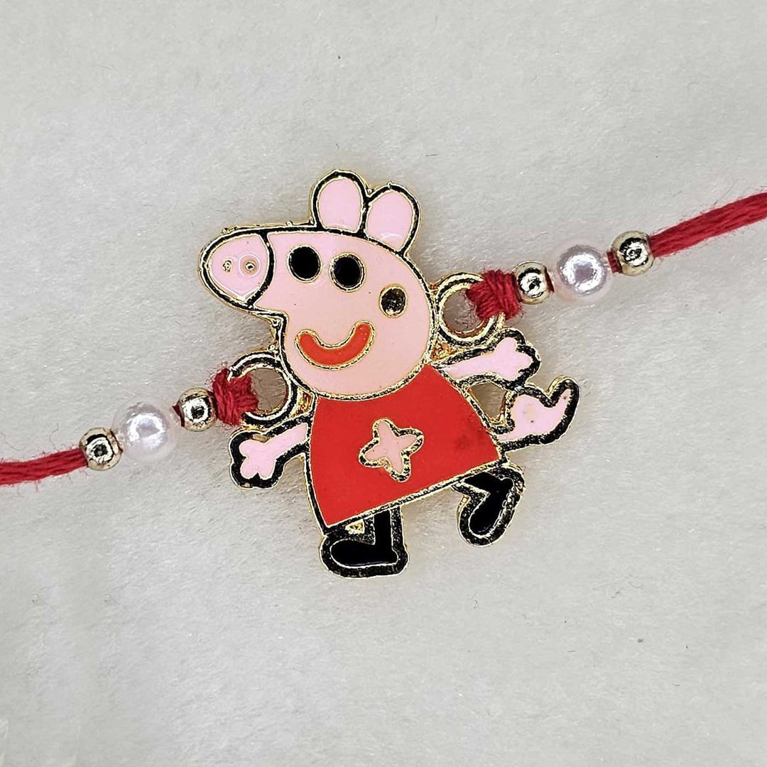 Handmade Peppa Pig Theme Metal Kids Rakhi With Roli Chawal