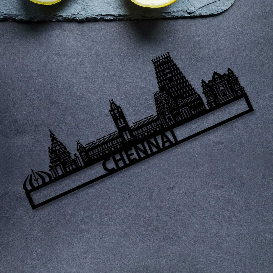 Printed Black Wooden Chennai City Skyline Wall Decor