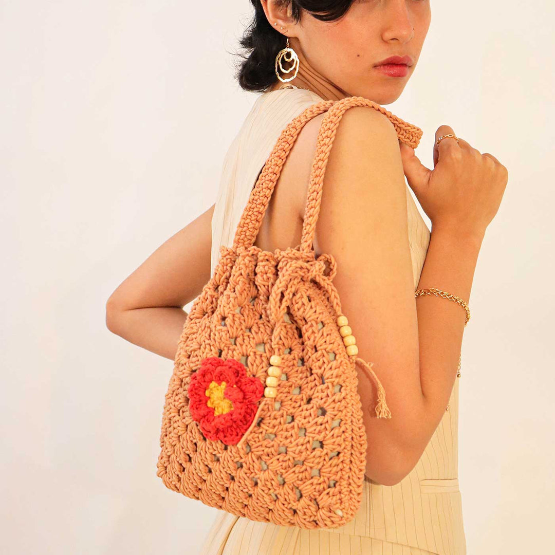 Handmade Crochet Brown Floral Potli