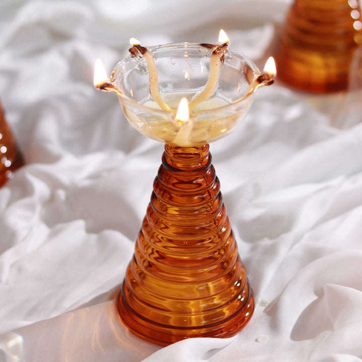 Handmade Amber Tall Borosil Glass Oil Lamp / Diya | 5.9  inch