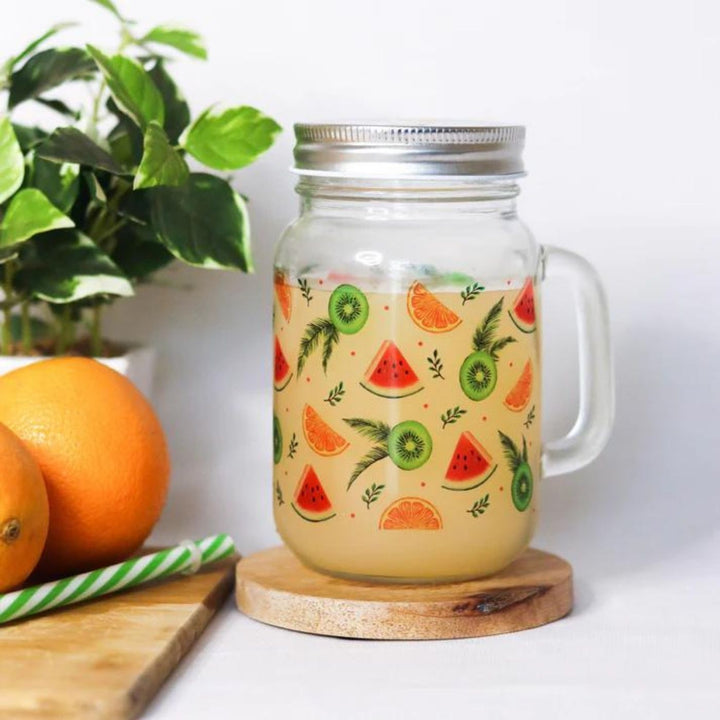 Botanical Print Mason Jar with Metal Lid & Straw | 500 ml