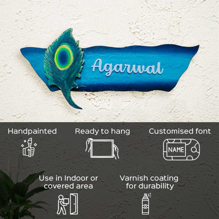 Personalized Peacock Feather Theme Mdf Wood Name Plate