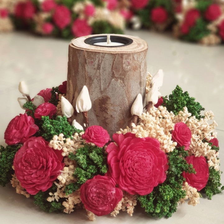 Handmade Elegant Red Shola Flower Centerpiece With Candle Holder