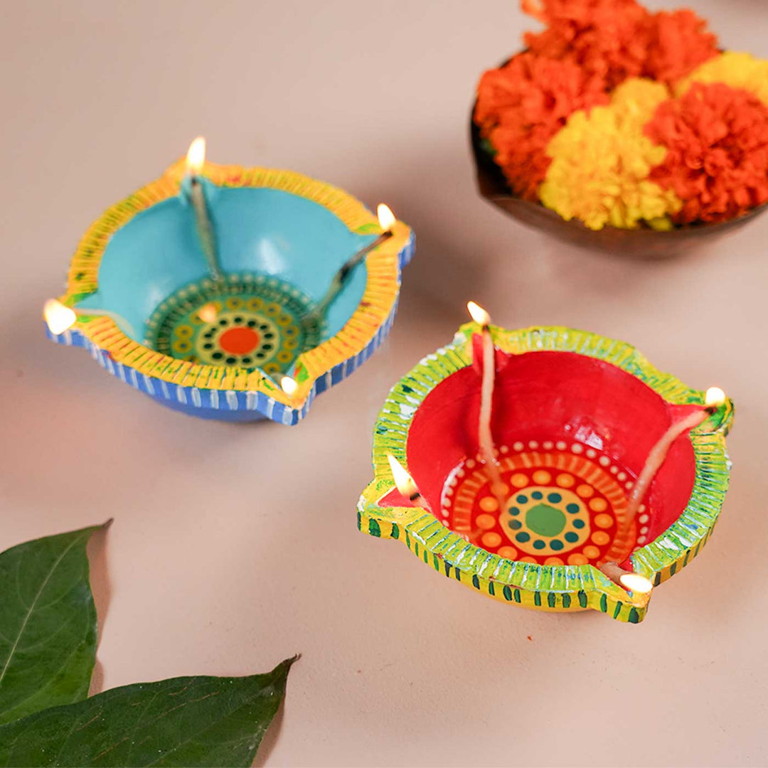 Handmade Big Star Clay Oil Lamp / Diya | Set of 2