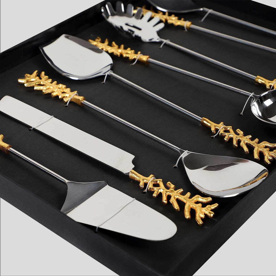 Handmade Gold Stem Design Steel Serving Set | Set Of 8