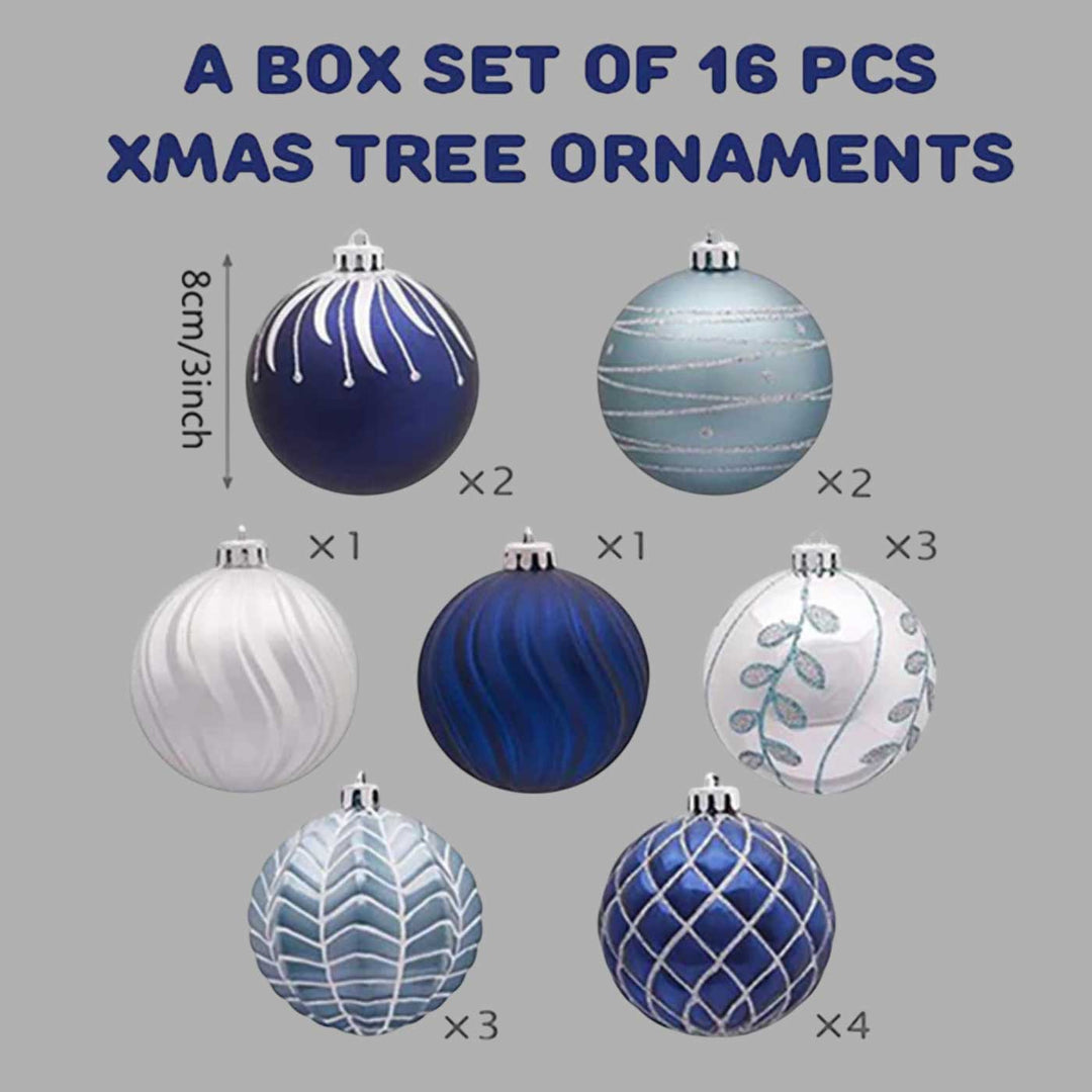 Blue & Silver theme Christmas Ball Ornaments For Decoration | Set of 16