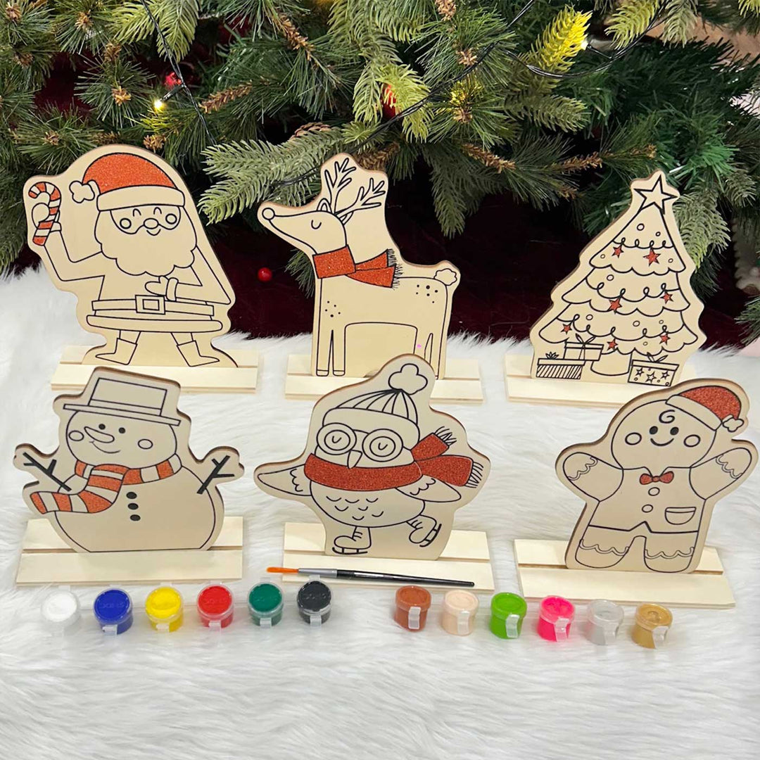 Ready to Paint Xmas Themed Cutouts With Stands Wooden DIY Decor | Set Of 6