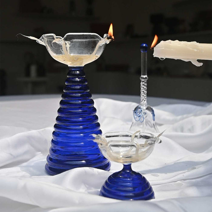 Handmade Blue Borosil Glass Oil Lamp / Diya | 5.9  inch