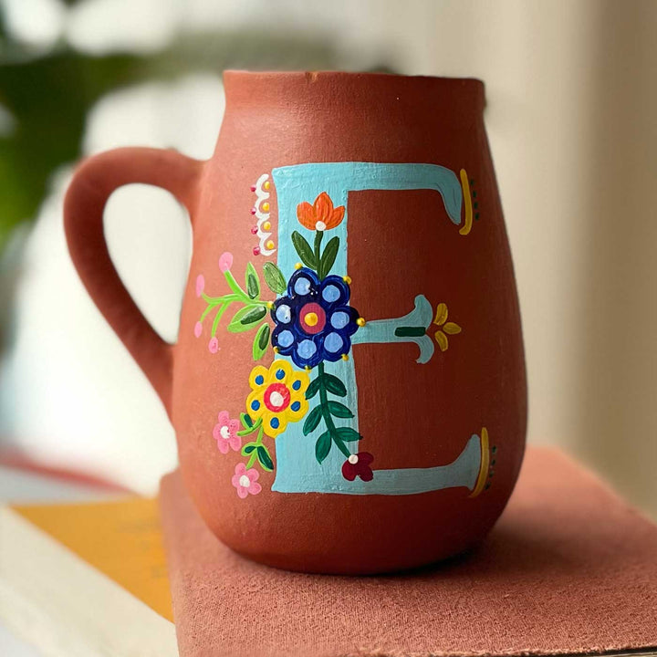 Personalized Hand-painted Floral Theme Monogram Terracotta Mug - E