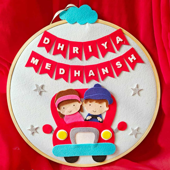 Personalized Handmade Brother And Sister In Car Felt Hoop Name Plate For Siblings