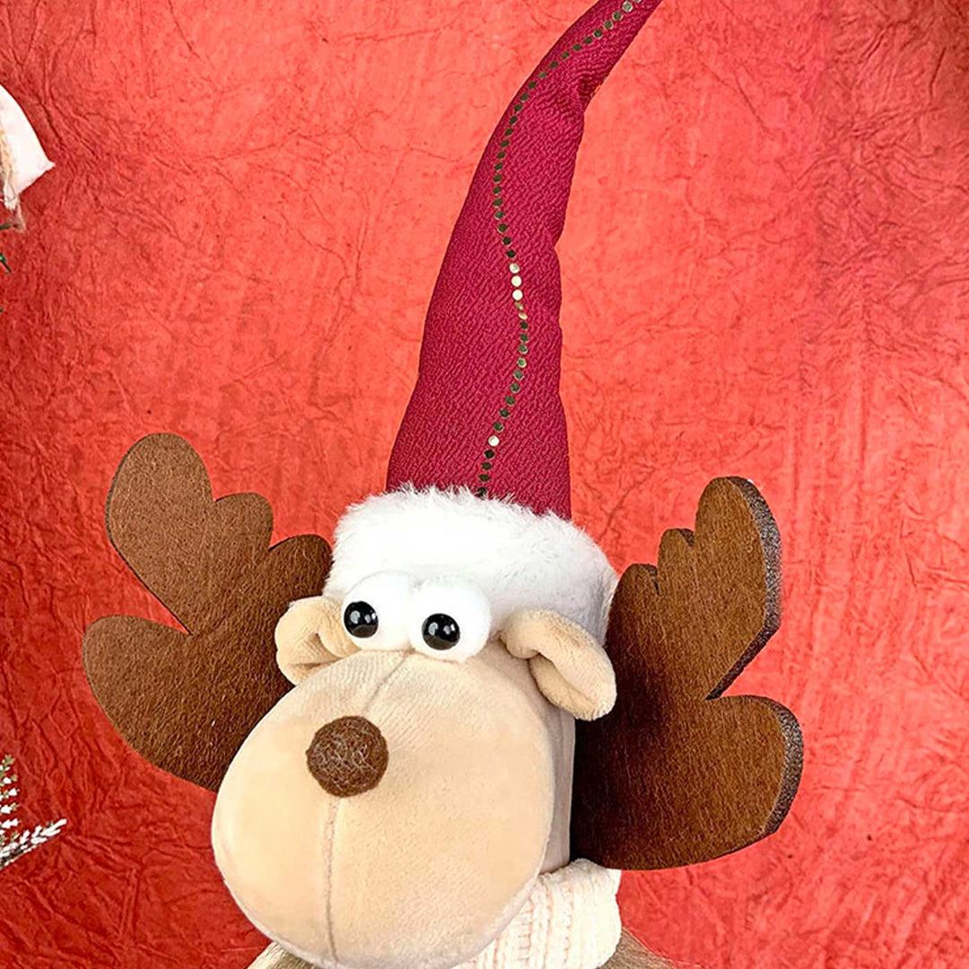 Cream Maroon Gold Self-Standing Reindeer Woolen Decor For Christmas Table Decoration