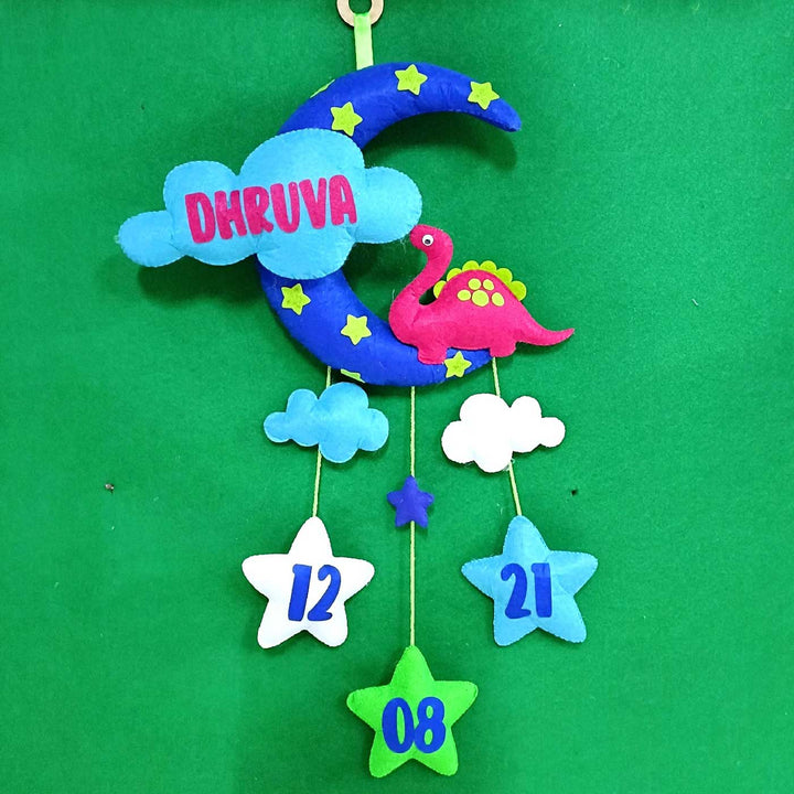 Personalized Handmade Dinosaur Theme Moon & Cloud Felt Kids Name Plate with Birthdate