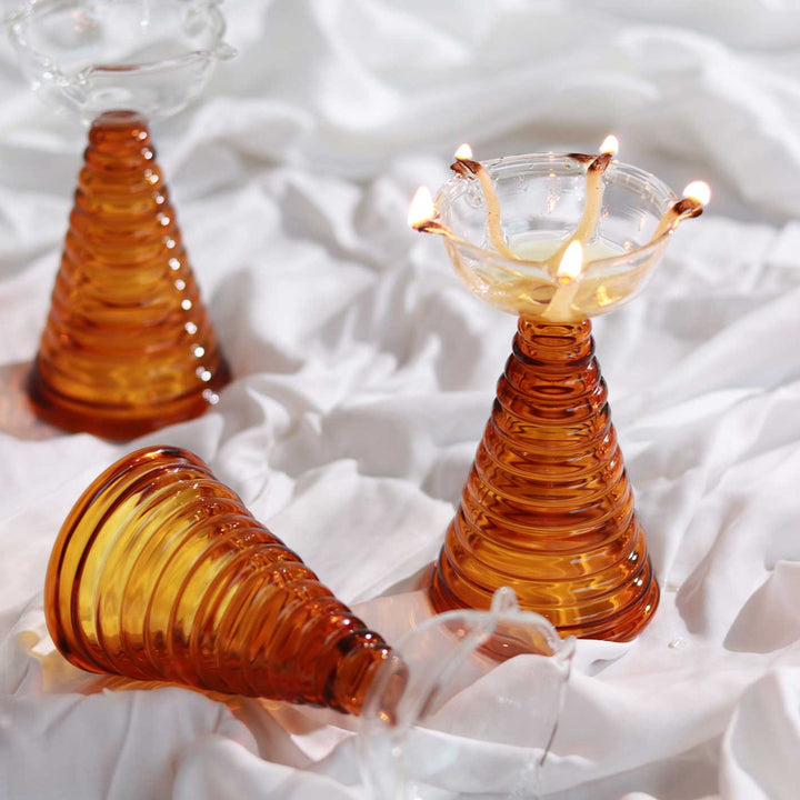 Handmade Amber Tall Borosil Glass Oil Lamp / Diya | 5.9  inch