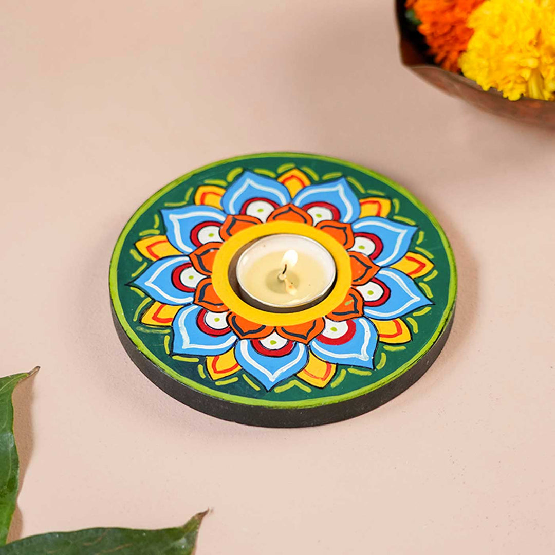 Handmade Multicolour Lotus Wooden Tealight Holder