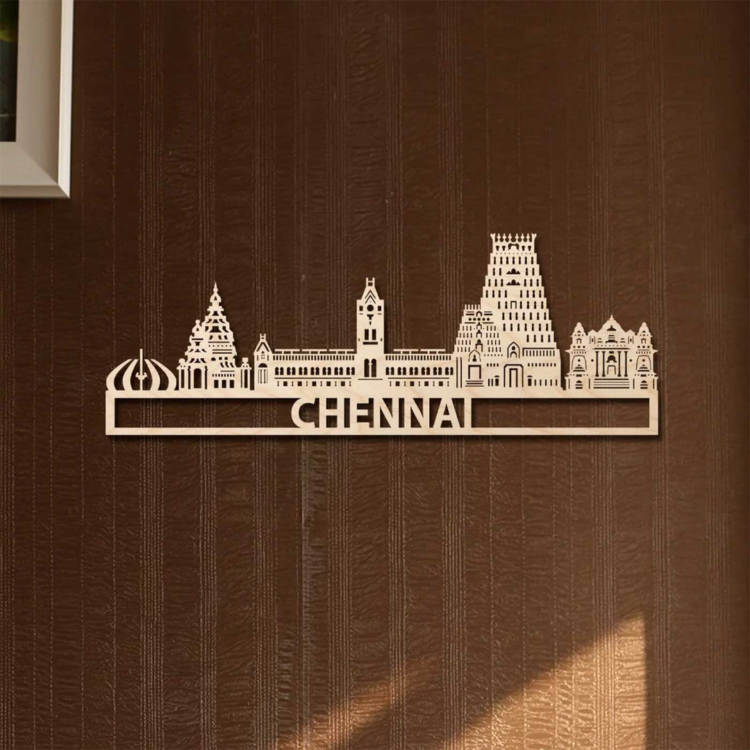 Printed Black Wooden Chennai City Skyline Wall Decor