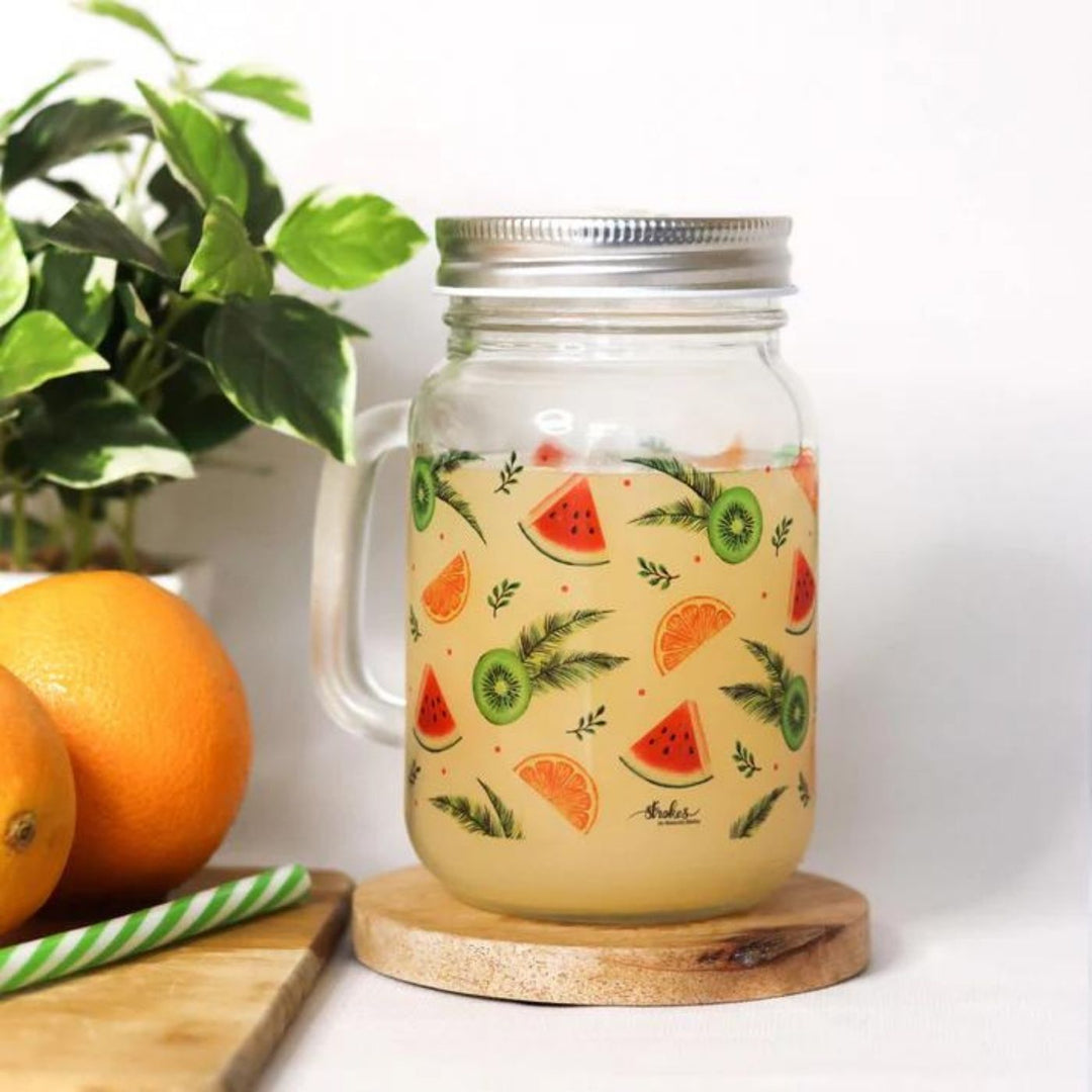 Botanical Print Mason Jar with Metal Lid & Straw | 500 ml